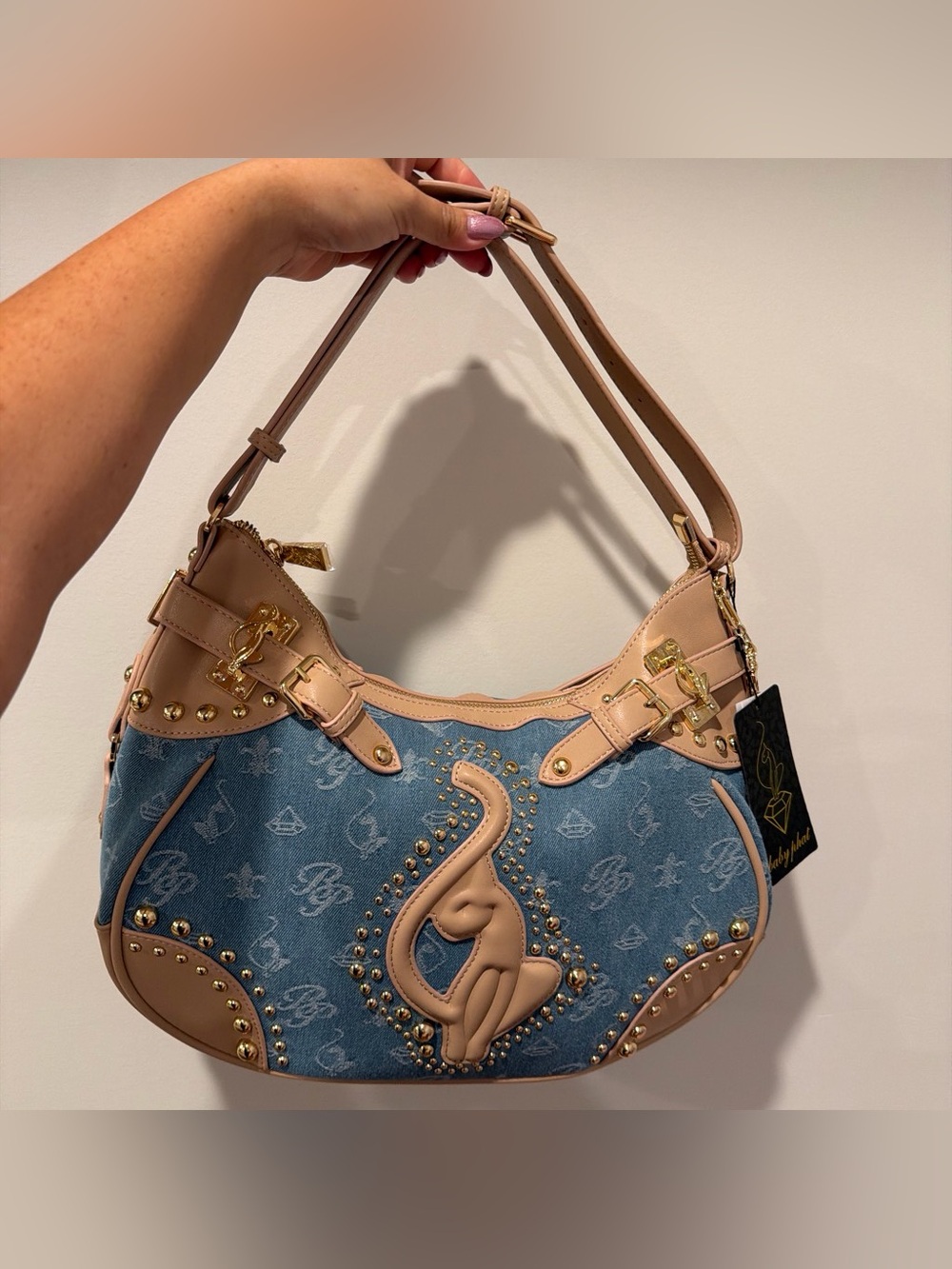 👖Baby Phat~Denim & Nude Leather-Trim Shoulder Bag